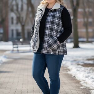 Maurice’s Black White Plaid Sherpa Lined Quilted Puffer Vest | Plus 2 (2X)